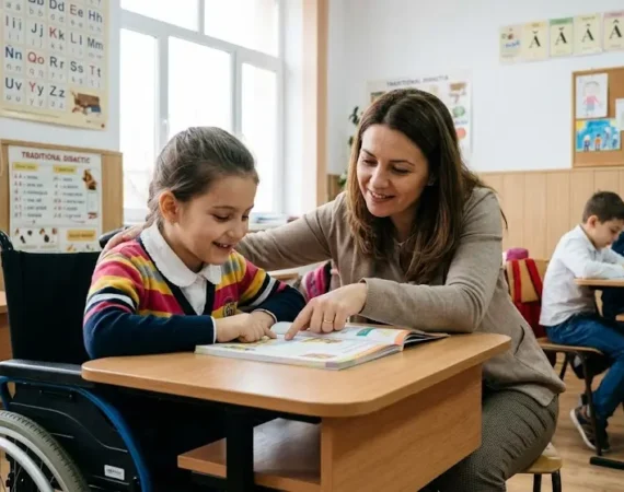 Echipa și afișul proiectului de educație incluzivă pentru elevii cu CES din Bihor.