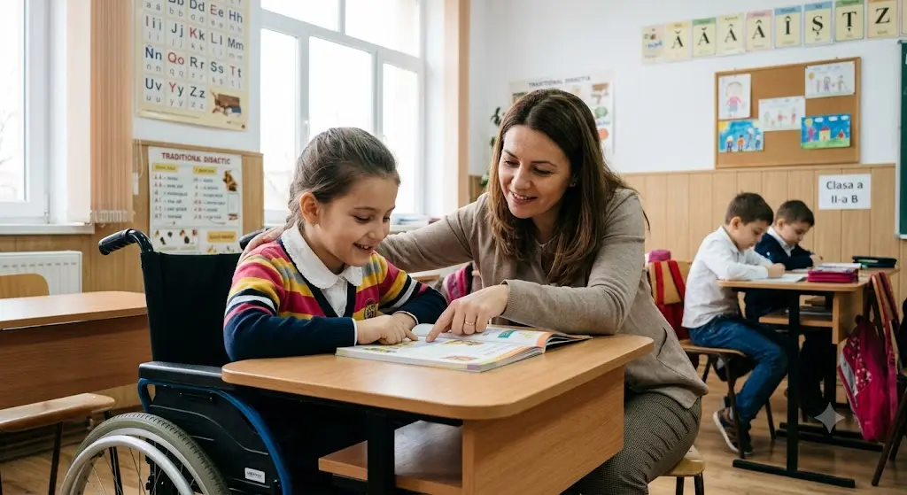 Echipa și afișul proiectului de educație incluzivă pentru elevii cu CES din Bihor.