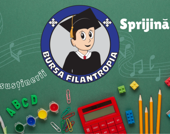 Banner campanie Bursa Filantropia 2026-2027 cu rechizite școlare, îndemnând donatorii să sprijine educația copiilor vulnerabili.