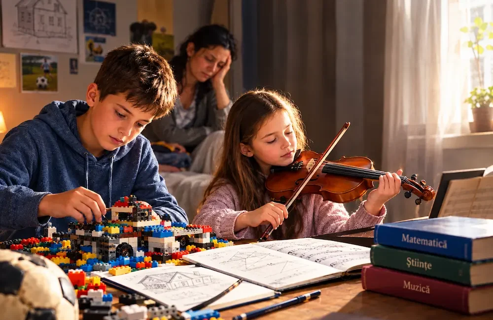 Mâini de copil așezând piese de Lego pe o masă de lemn lângă o vioară și caiete de școală, susținuți de Bursa Filantropia