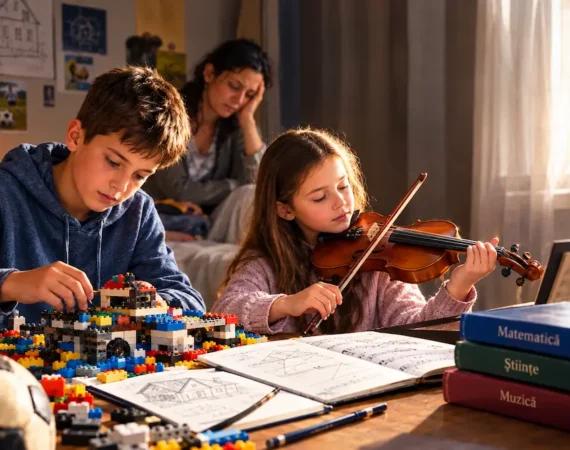 Mâini de copil așezând piese de Lego pe o masă de lemn lângă o vioară și caiete de școală, susținuți de Bursa Filantropia